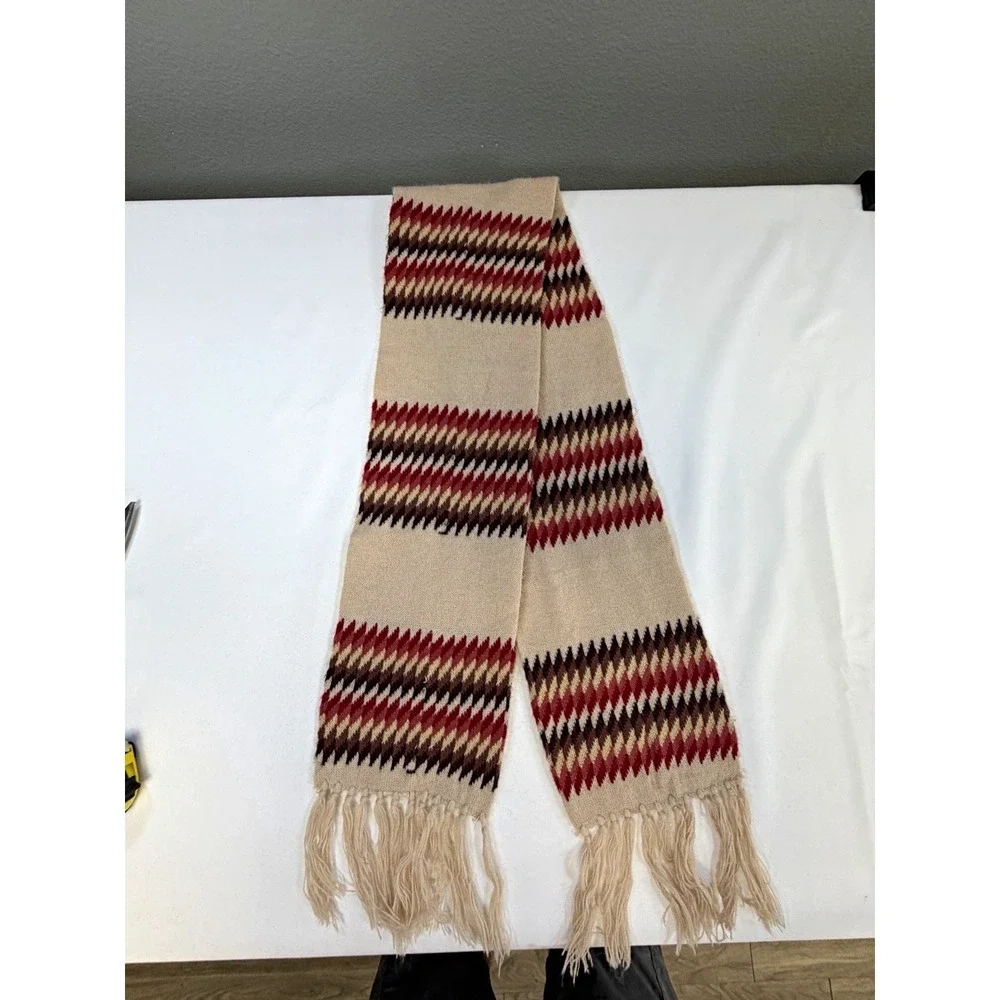 Vintage Knit Rectangle Scarf Argyle Chevron Fringe Beige Burgundy Brown Multi
